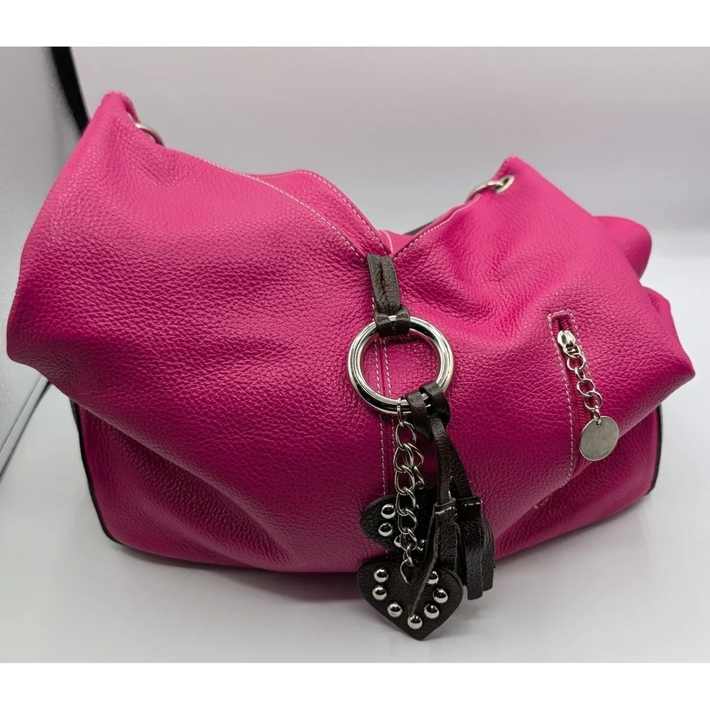 Vera Pelle Italy Pink Leather Hobo Bag Studded Heart Tassel Magenta Brown Accent